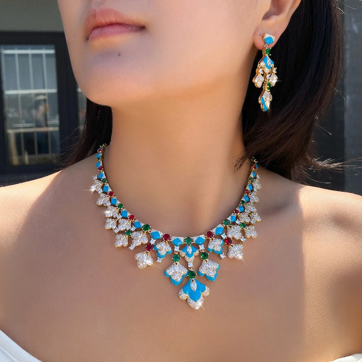 Gorgeous Mediterranean Style Blue Enamel Green CZ Necklace and Earrings Sets Vintage Luxury Jewelry Set for Banquets Vacations Jovera Joyce