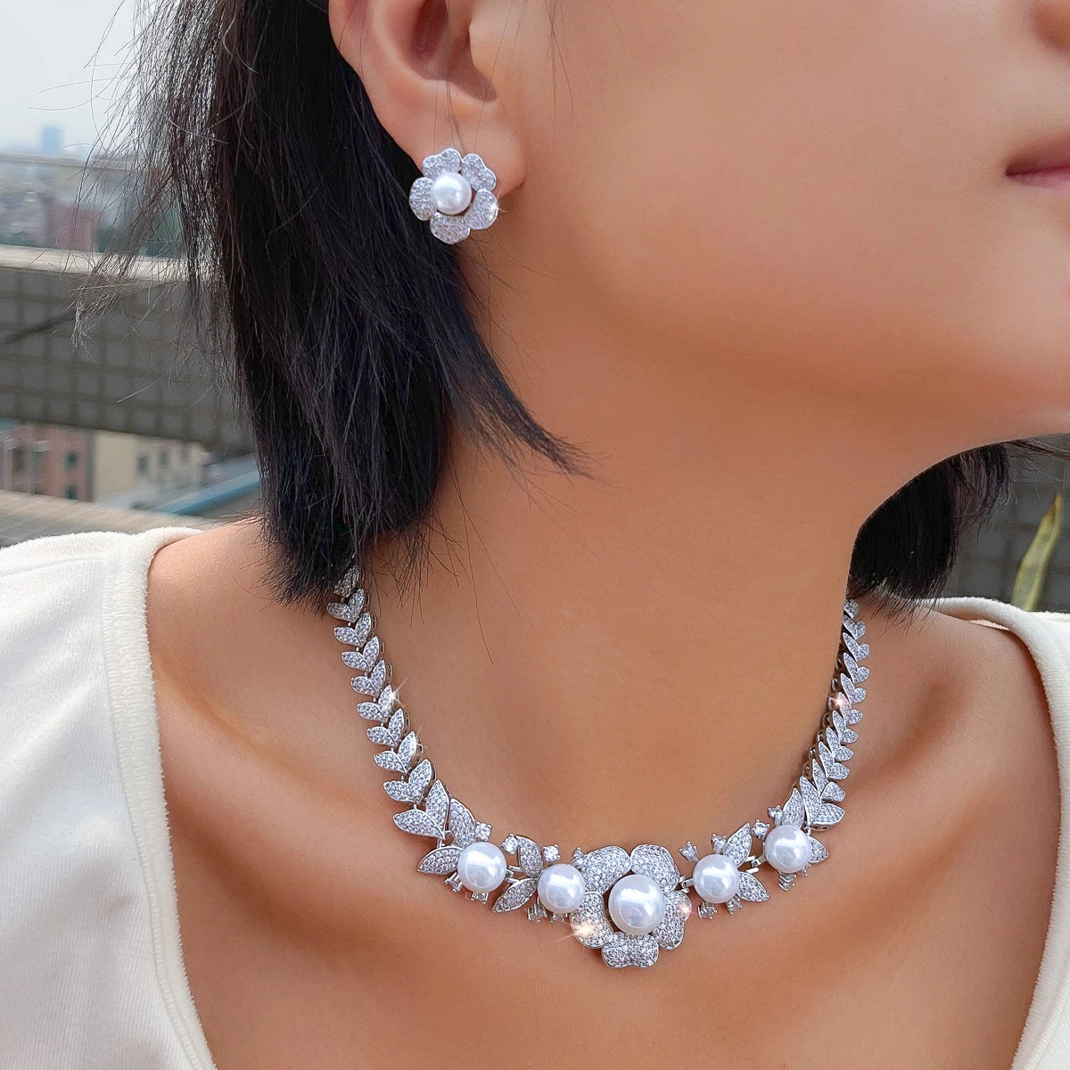 Super Luxury Wedding Bridal Necklace and Earrings Micro Pave Cubic Zircon Big Imitation Pearl Jewelry Set for Women Jewelry Gift Jovera Joyce