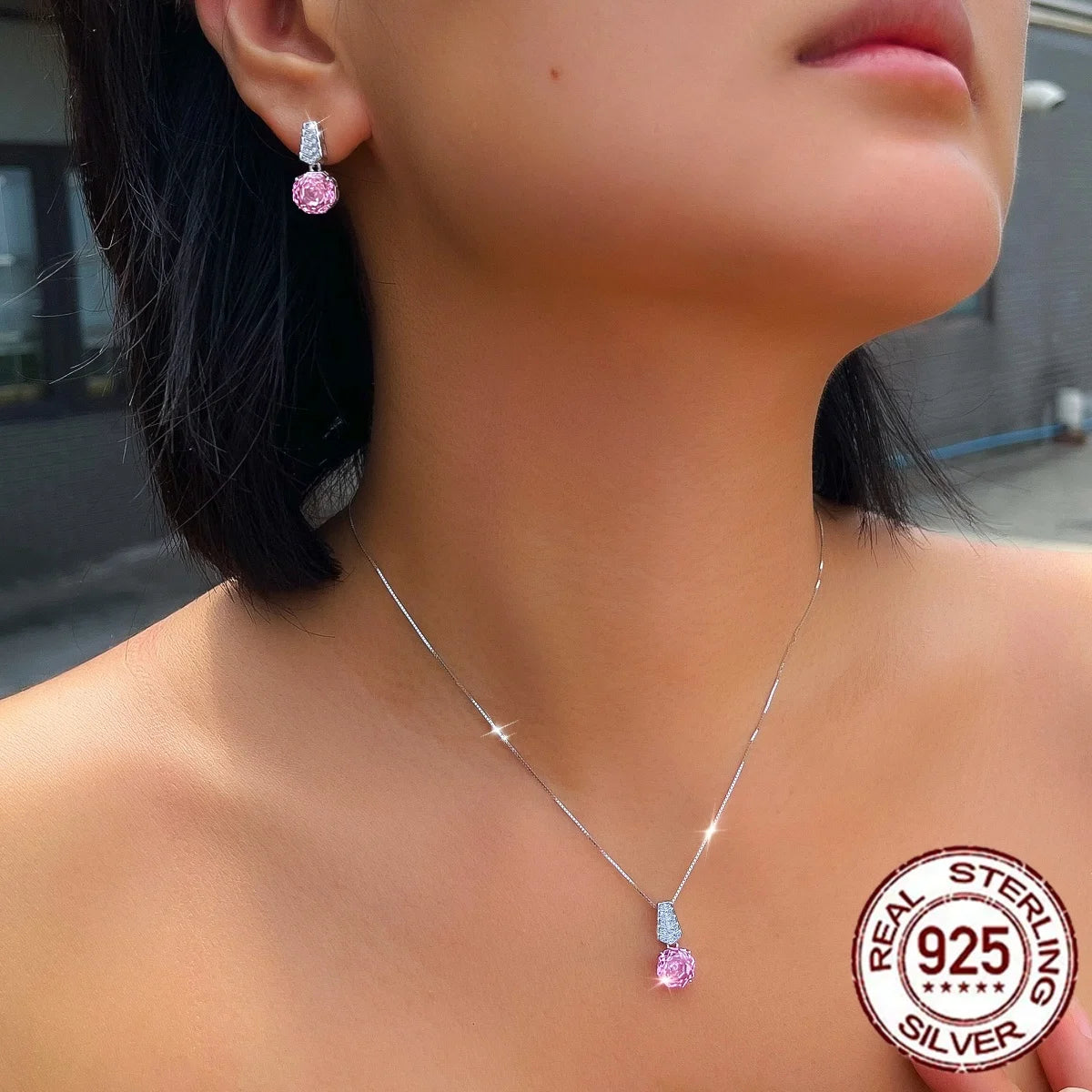 S925 Sterling Silver Pendant Necklace and Earrings Hypoallergenic Rose-Cut Cubic Zirconia V-Shaped Ladder Design Jewelry Set Jovera Joyce