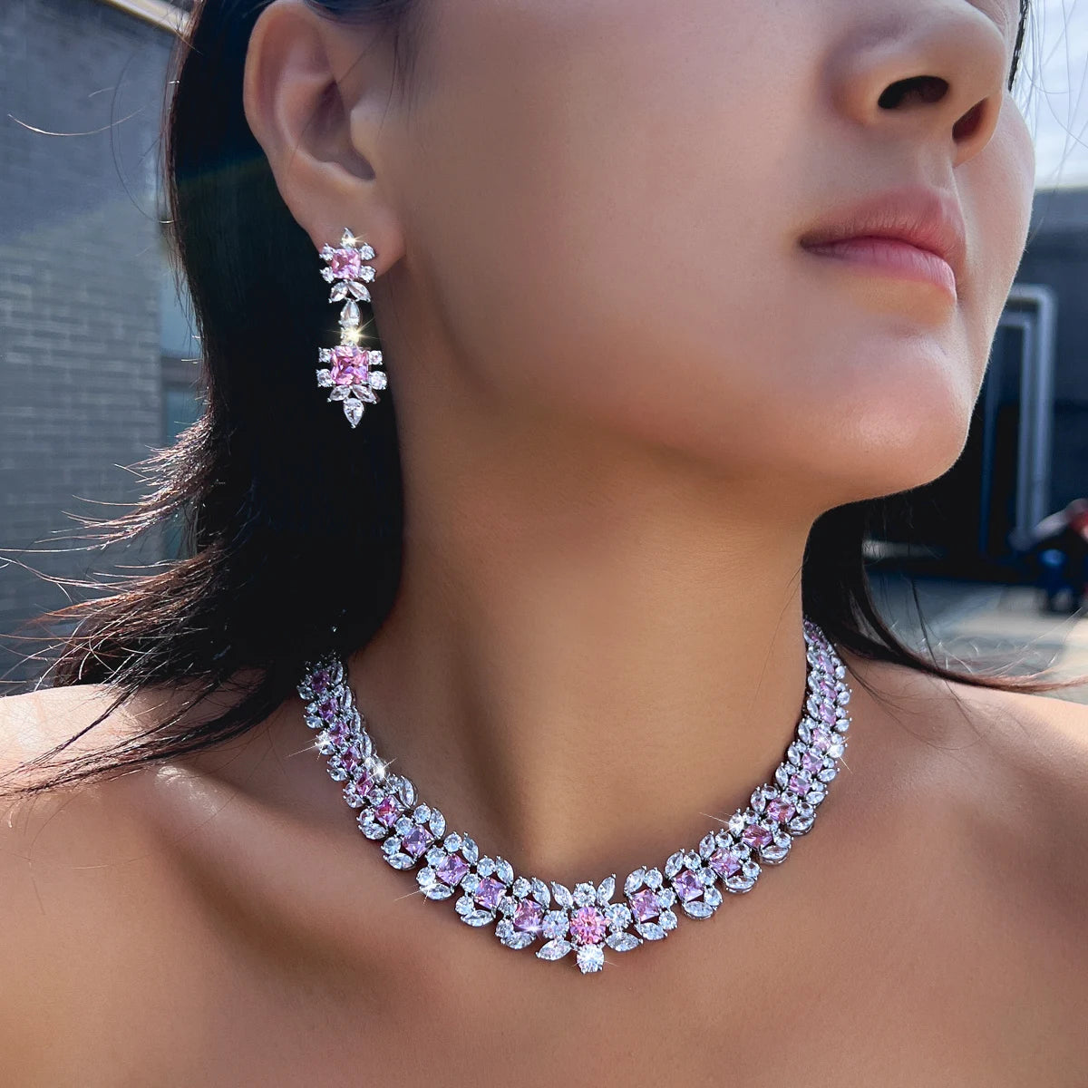 Rhodium Plated Geometric CZ Jewelry Set Pink Square Cubic Zircon Leaf Tennis Necklace Earrings Jewelry Set for Women Party Gift Jovera Joyce