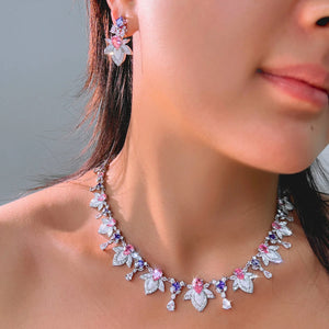 Rhodium Plated Purple Pink Drop Necklace Earrings CZ Long Leaf Enamel Necklace Earrings for Women Fiancee Engagement Jewelry Set Jovera Joyce