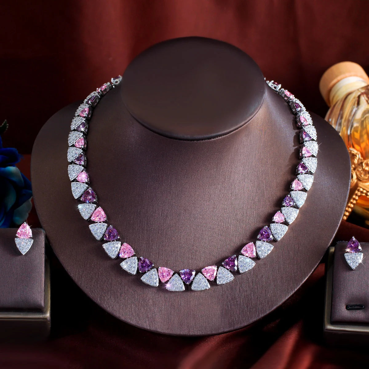 Geometric White Pink Purple Triangle Cubic Zircon Wedding Necklace Earrings 2Pcs Jewelry Set for Women Evening Party Accessory Jovera Joyce
