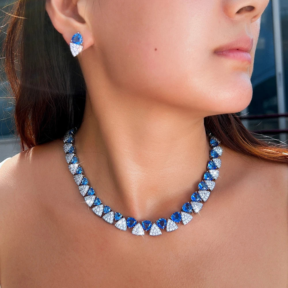 Luxury Unique Shiny Blue Synthetic Tanzanite Stone and White Zirconia Triangle Shape Bridal Wedding Party Jewelry Set for Women Jovera Joyce