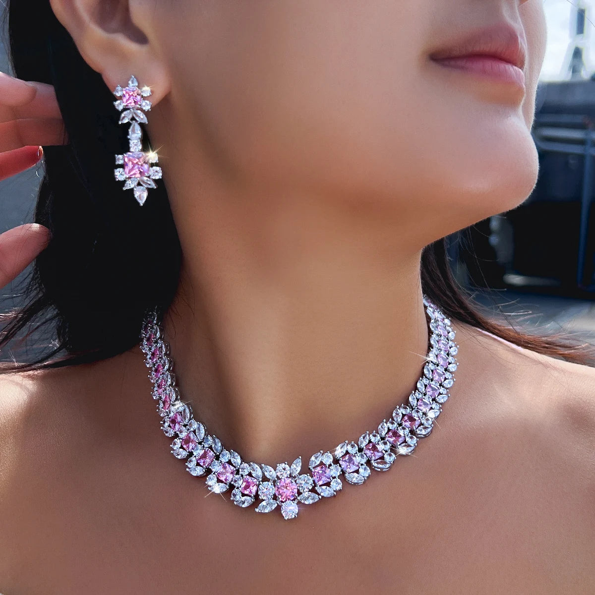 Rhodium Plated Geometric CZ Jewelry Set Pink Square Cubic Zircon Leaf Tennis Necklace Earrings Jewelry Set for Women Party Gift Jovera Joyce