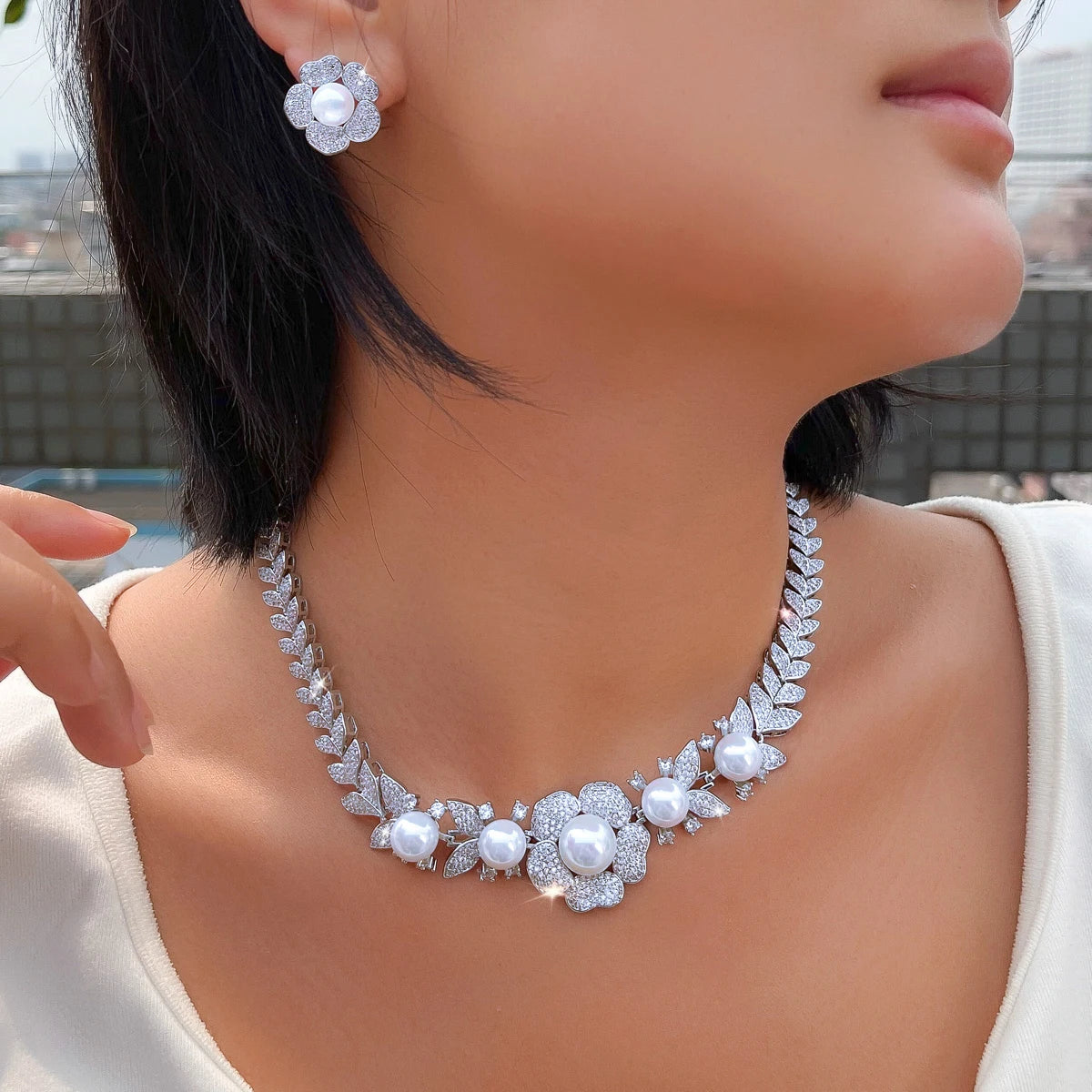 Super Luxury Wedding Bridal Necklace and Earrings Micro Pave Cubic Zircon Big Imitation Pearl Jewelry Set for Women Jewelry Gift Jovera Joyce