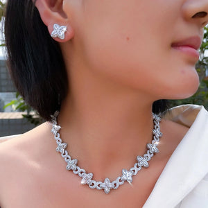 Hip Hop Jewelry Sapphire Blue 4 Leaf Clover Flower Necklace and Earrings Cubic Zircon Cuban Link Chain Jewelry Set for Women Man Jovera Joyce