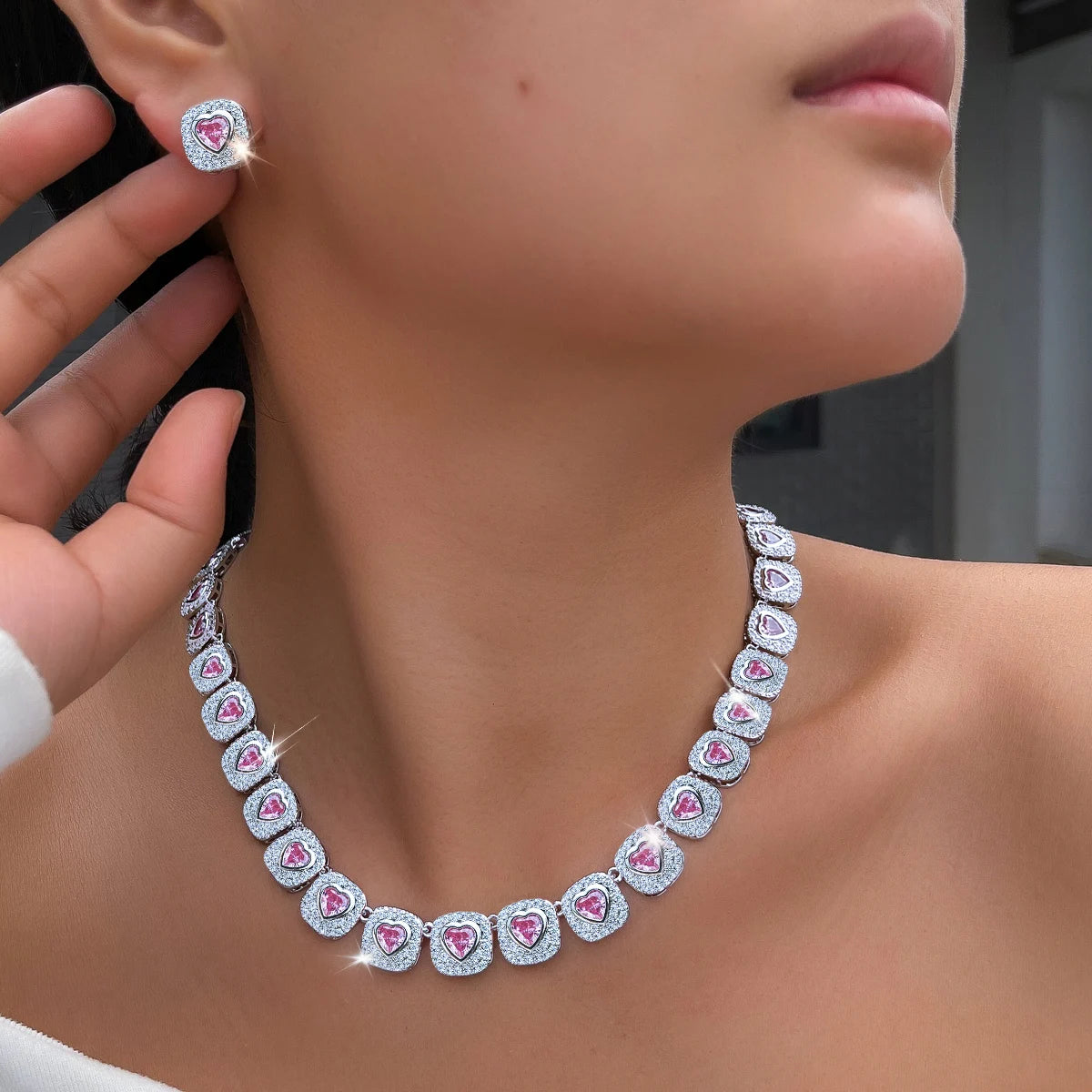 Sparkling Heart Cut Pink Cubic Zirconia Halo Pave Necklace and Earrings Set 18k Gold Plated Bridal Jewelry Set  for Women Gifts Jovera Joyce