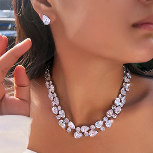 Stunning Rhodium Plated Round Tennis CZ Jewelry Set Cubic Zircon Drop Dangle Necklace Earrings Jewelry Set for Women Engagement Jovera Joyce