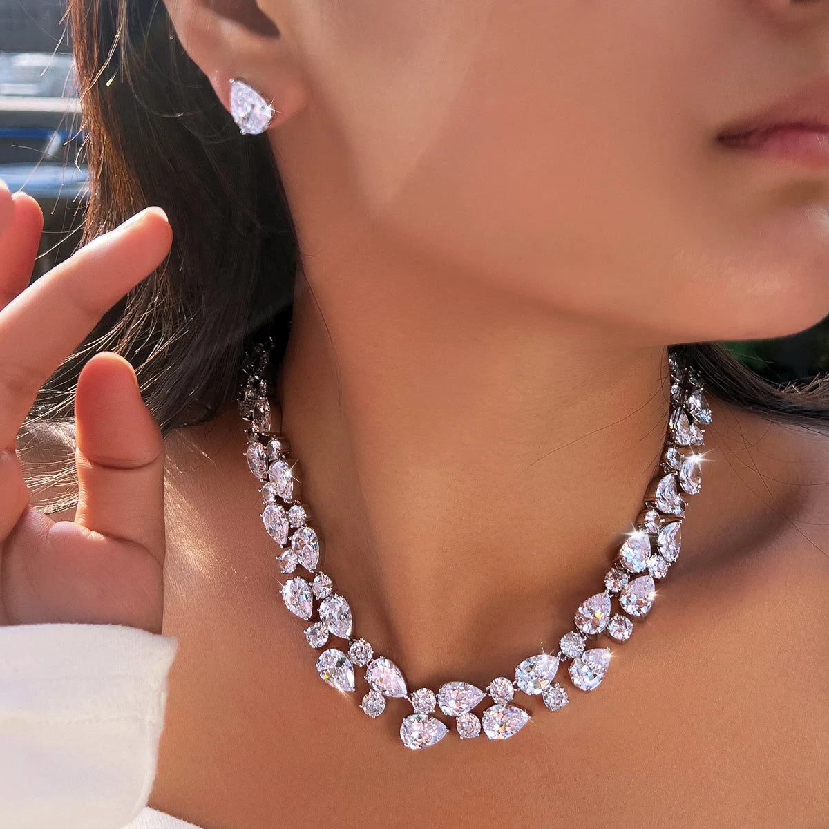 Stunning Rhodium Plated Round Tennis CZ Jewelry Set Cubic Zircon Drop Dangle Necklace Earrings Jewelry Set for Women Engagement Jovera Joyce