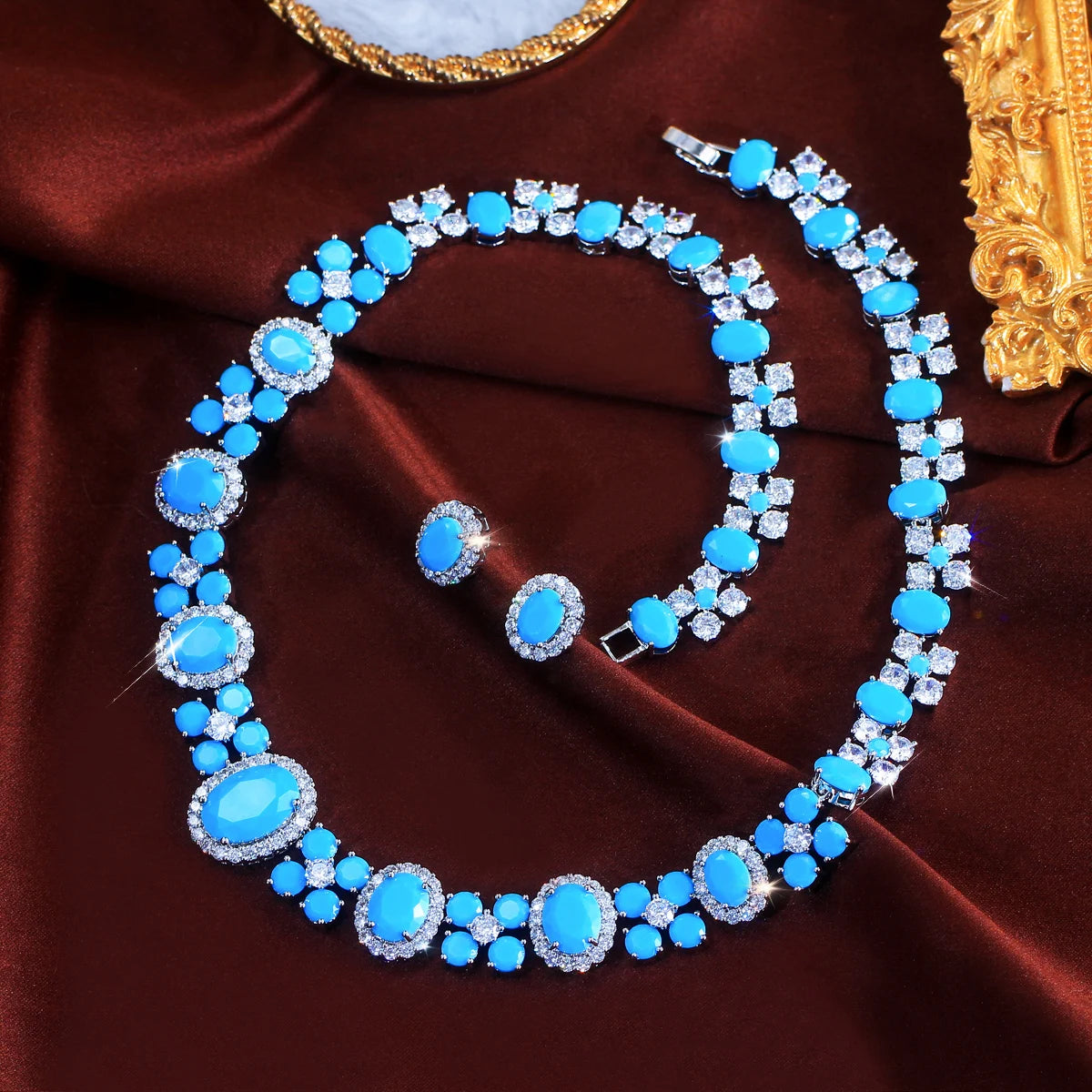 Charming Blue CZ Jewelry Set Turquoise Cubic Zirconia Oval Shaped Necklace Earrings Jewelry Set for Brides Wedding Costume Gift Jovera Joyce