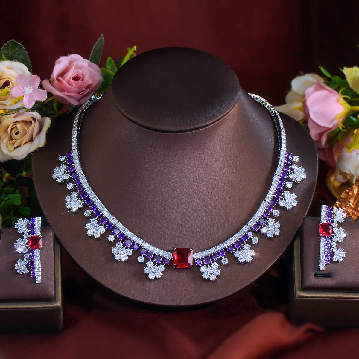Gorgeous Flower Necklace and Earrings Purple Red Bridal Jewelry Set for Women Luxury Wedding Dress Accessories Jovera Joyce