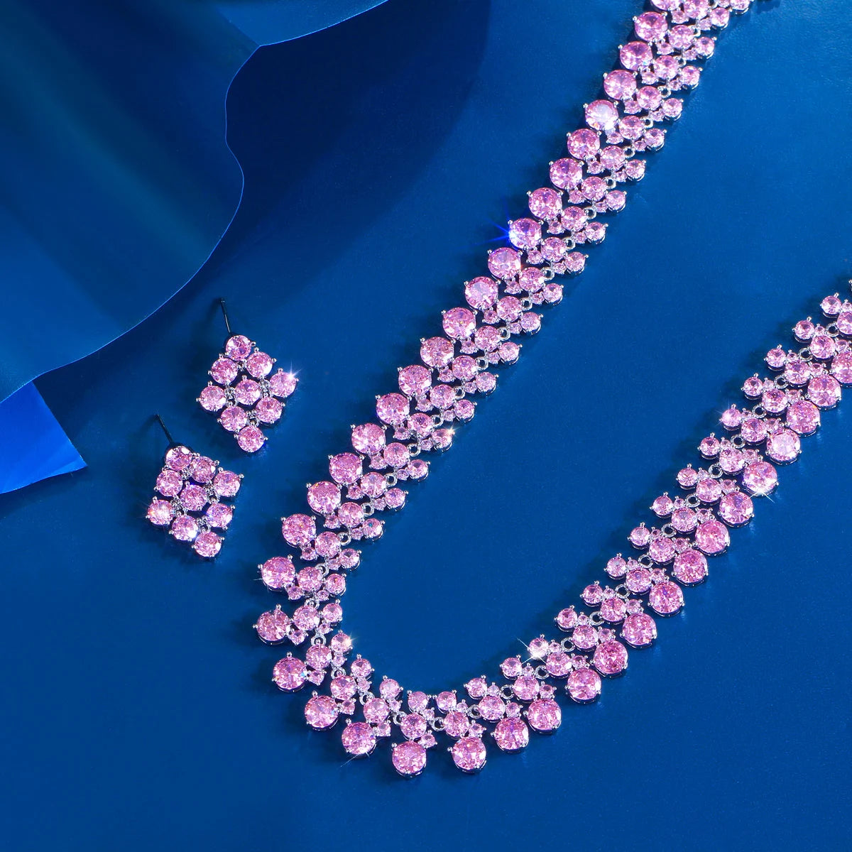 Super Luxurious Round Cubic Zirconia Necklace and Earrings Engagement Wedding Romantic Pink Chunky Big Jewelry Set for Women Jovera Joyce