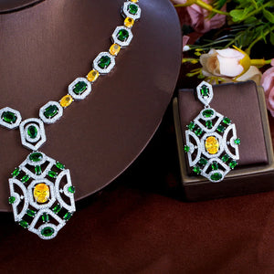 Super Luxury Yellow Green Zirconia Wedding Banquet Big Chunky Necklace and Earrings Bridal Party Costume Jewelry Sets for Women Jovera Joyce