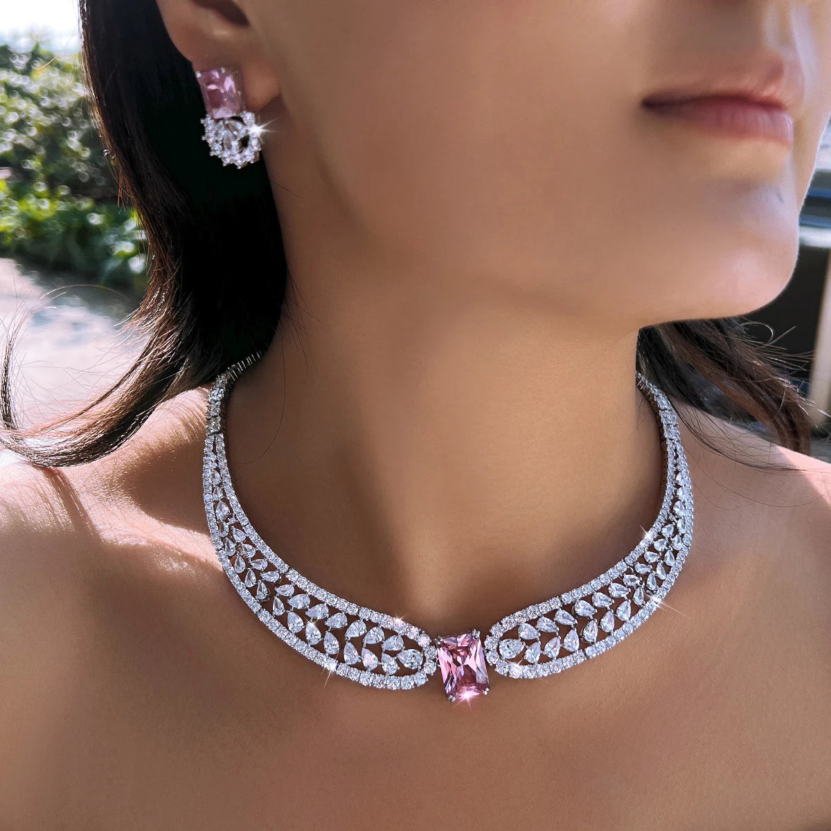 Trendy Water Drop Square CZ Crystal Jewelry Set Pink Cubic Zircon Necklace Earring Bracelet Women Engagement Costume Jewelry Set Jovera Joyce