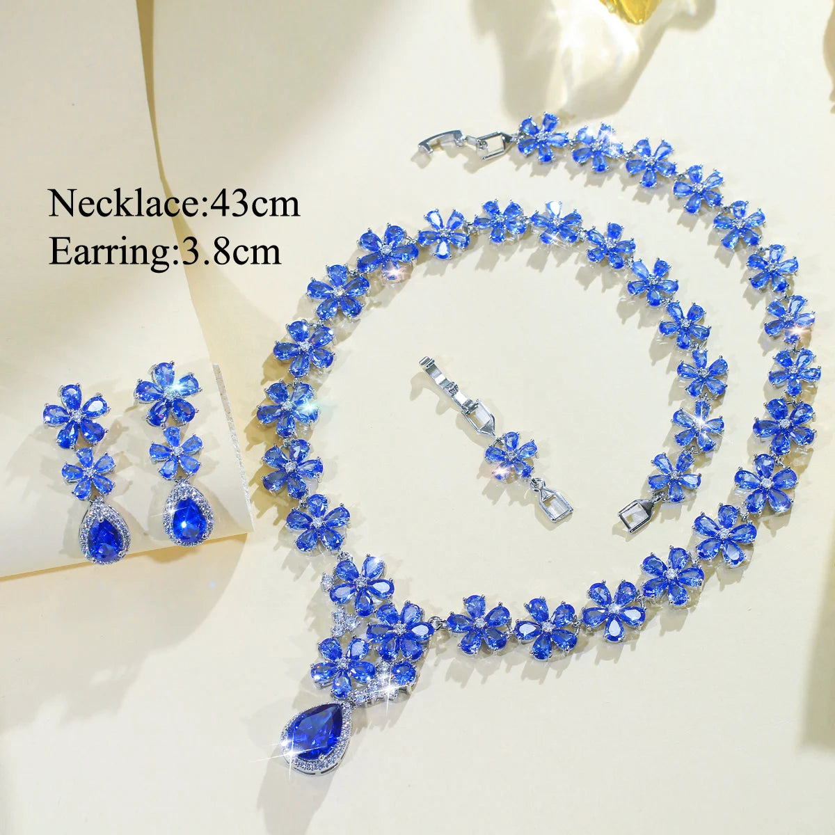 Tanzanite CZ Jewelry Set Blue Flower Water Drop Cubic Zirconia Dangle Necklace Earrings Jewelry Set With Rhodium Plated Gift Jovera Joyce