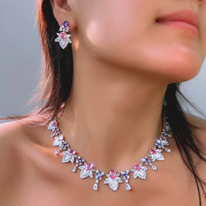 Rhodium Plated Purple Pink Drop Necklace Earrings CZ Long Leaf Enamel Necklace Earrings for Women Fiancee Engagement Jewelry Set Jovera Joyce