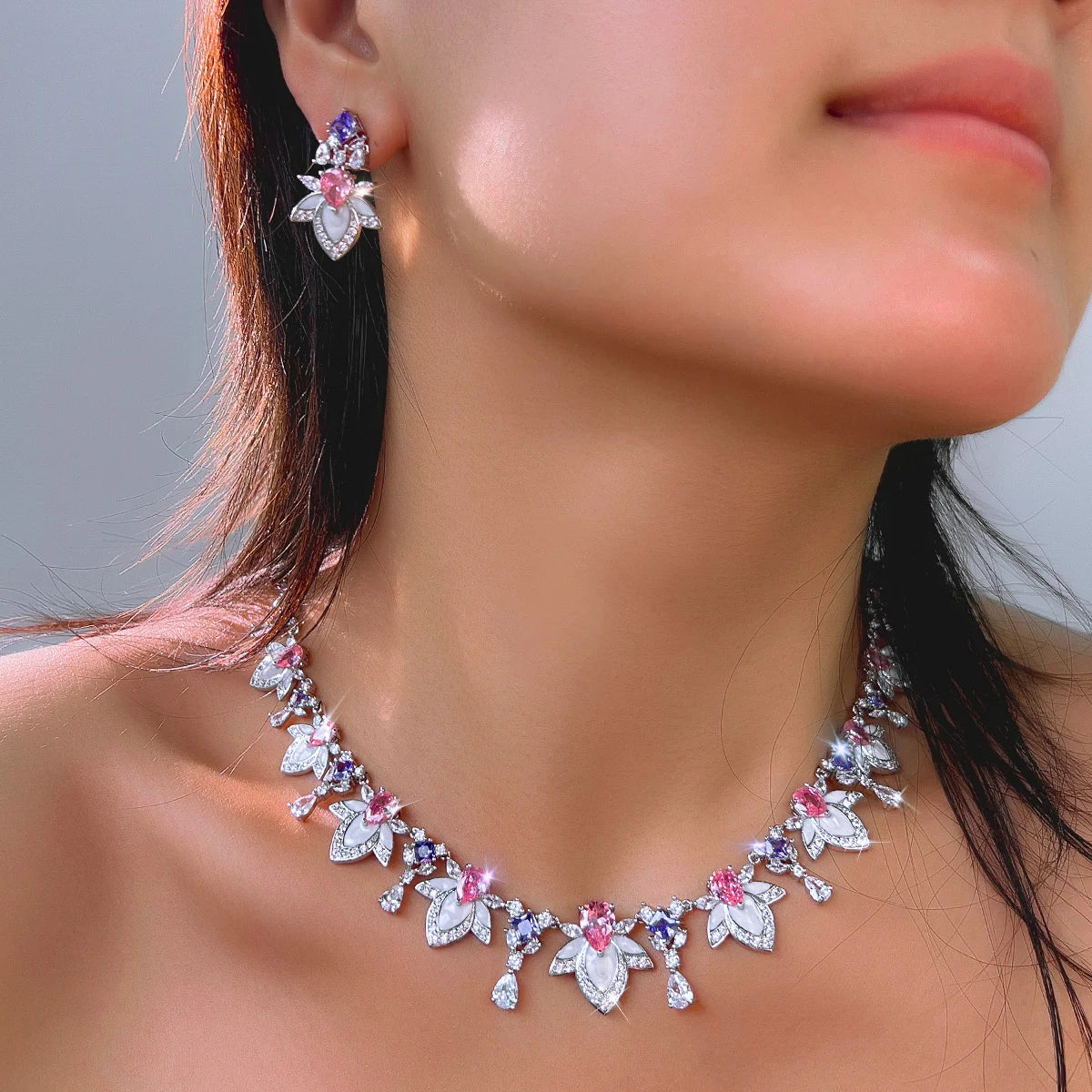 Rhodium Plated Purple Pink Drop Necklace Earrings CZ Long Leaf Enamel Necklace Earrings for Women Fiancee Engagement Jewelry Set Jovera Joyce