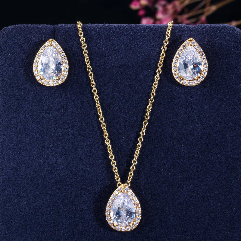 Tear Drop Design Simple Fashion Sparking Pear Cut Cubic Zircon Pendant Necklace and Earrings Jewelry Sets for Women Girl Gifts Jovera Joyce