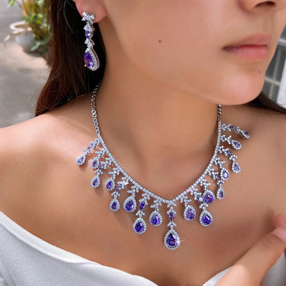Gorgeous Long Tassel Necklace and Earrings CZ Zirconia Wedding Bridal Party Engagement Luxury Big Purple Jewelry Set for Women Jovera Joyce
