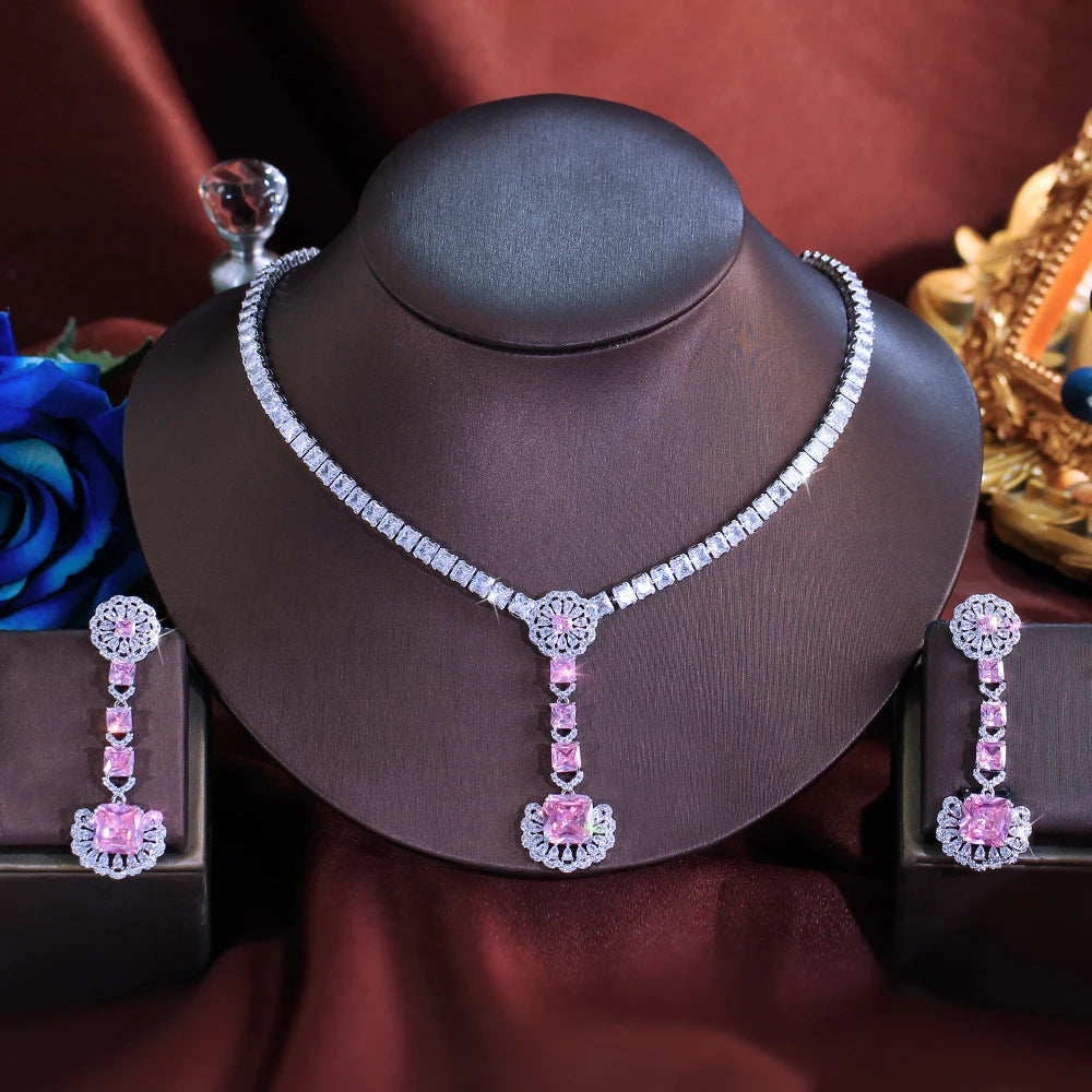 Glamorous Cubic Zirconia Necklace and Earrings Shimmering Pink White Jewelry Set for Women Wedding Anniversary Banquet Jewellery Jovera Joyce