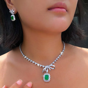 Vibrant Rhodium Plated Bow-Knot Emerald Baguette CZ Jewelry Set Green Paraiba and Zircon Necklace Earrings Wedding Jewelry Set Jovera Joyce