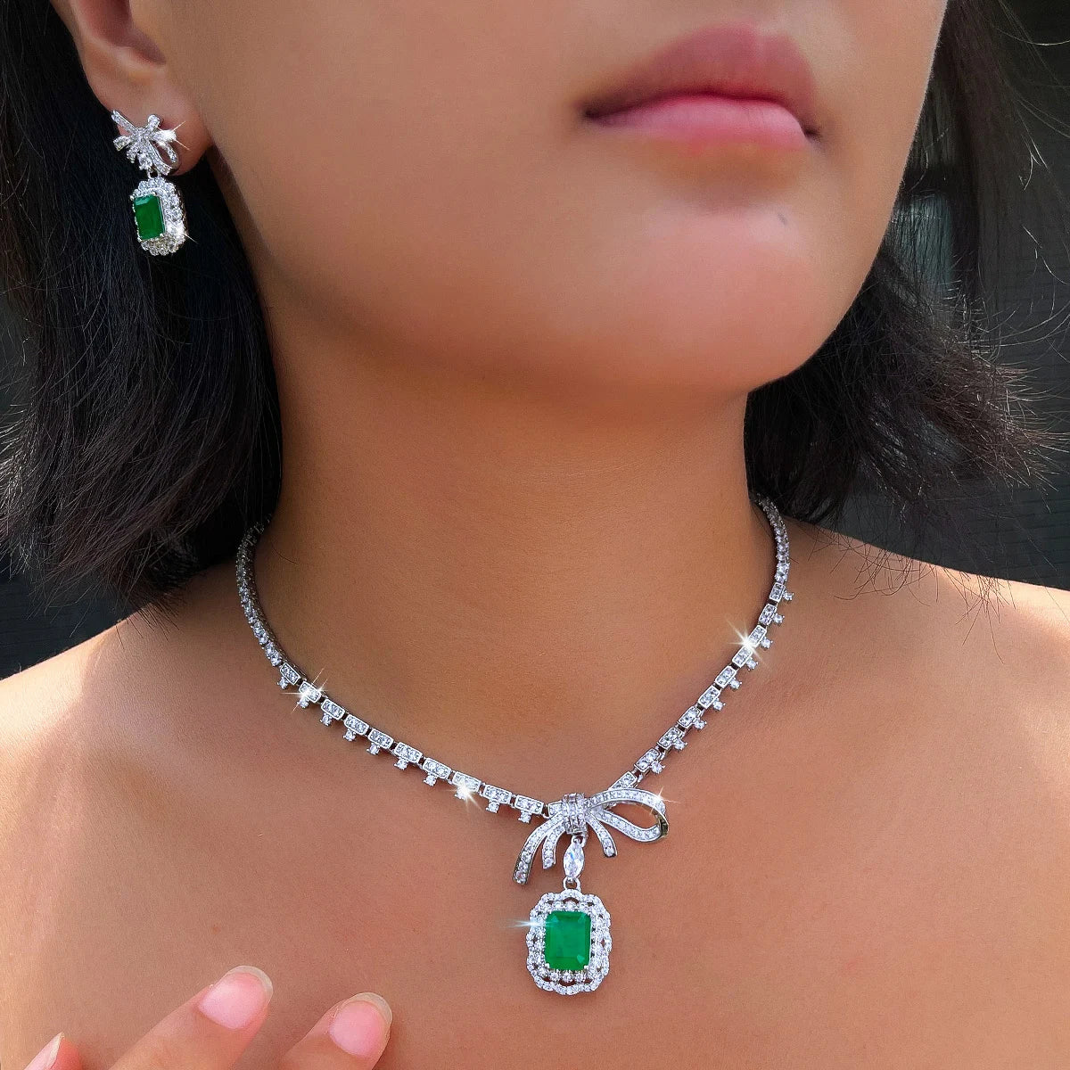 Vibrant Rhodium Plated Bow-Knot Emerald Baguette CZ Jewelry Set Green Paraiba and Zircon Necklace Earrings Wedding Jewelry Set Jovera Joyce