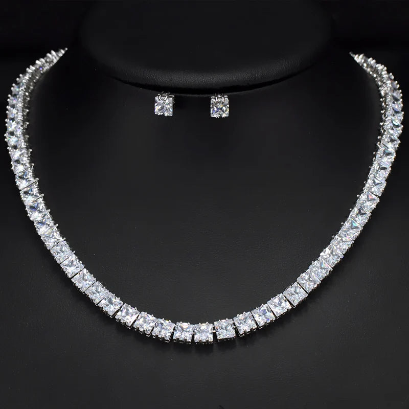 Super Shiny Square Cubic Zirconia Chain Link Tennis Necklace and Stud Earrings Jewelry Set for Women Man Party Jovera Joyce