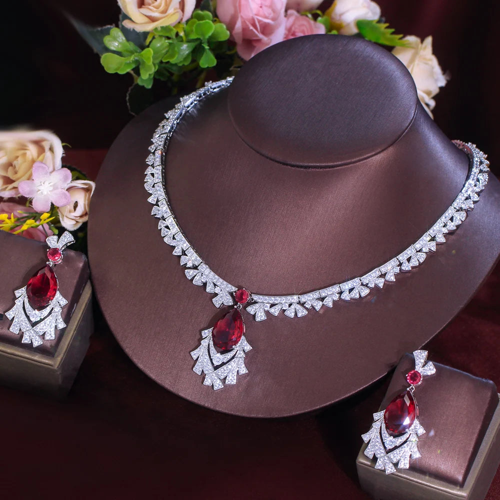 Gorgeous Cubic Zirconia Red Necklace and  Earrings Bridal Banquet Jewelry Set for Women Party Engagement Luxury Jewelry Jovera Joyce