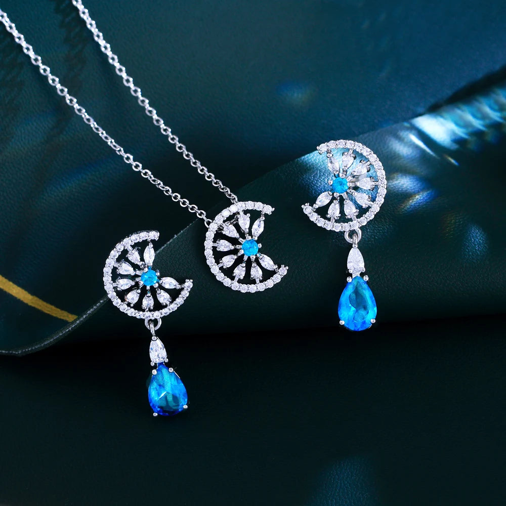 Dainty Blue Water Drop Cubic Zirconia Engagement Half Round Pendant Necklace and Earrings Fashion Jewelry Set for Women Jovera Joyce
