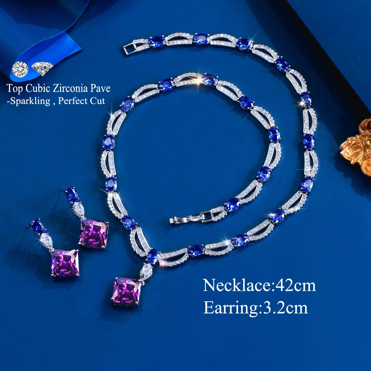Rhodium Plated CZ Jewelry Set Cubic Zircon Blue Oval Purple Rhombus Dangle Drop Necklace Earrings Jewelry Set for Brides Wedding Jovera Joyce