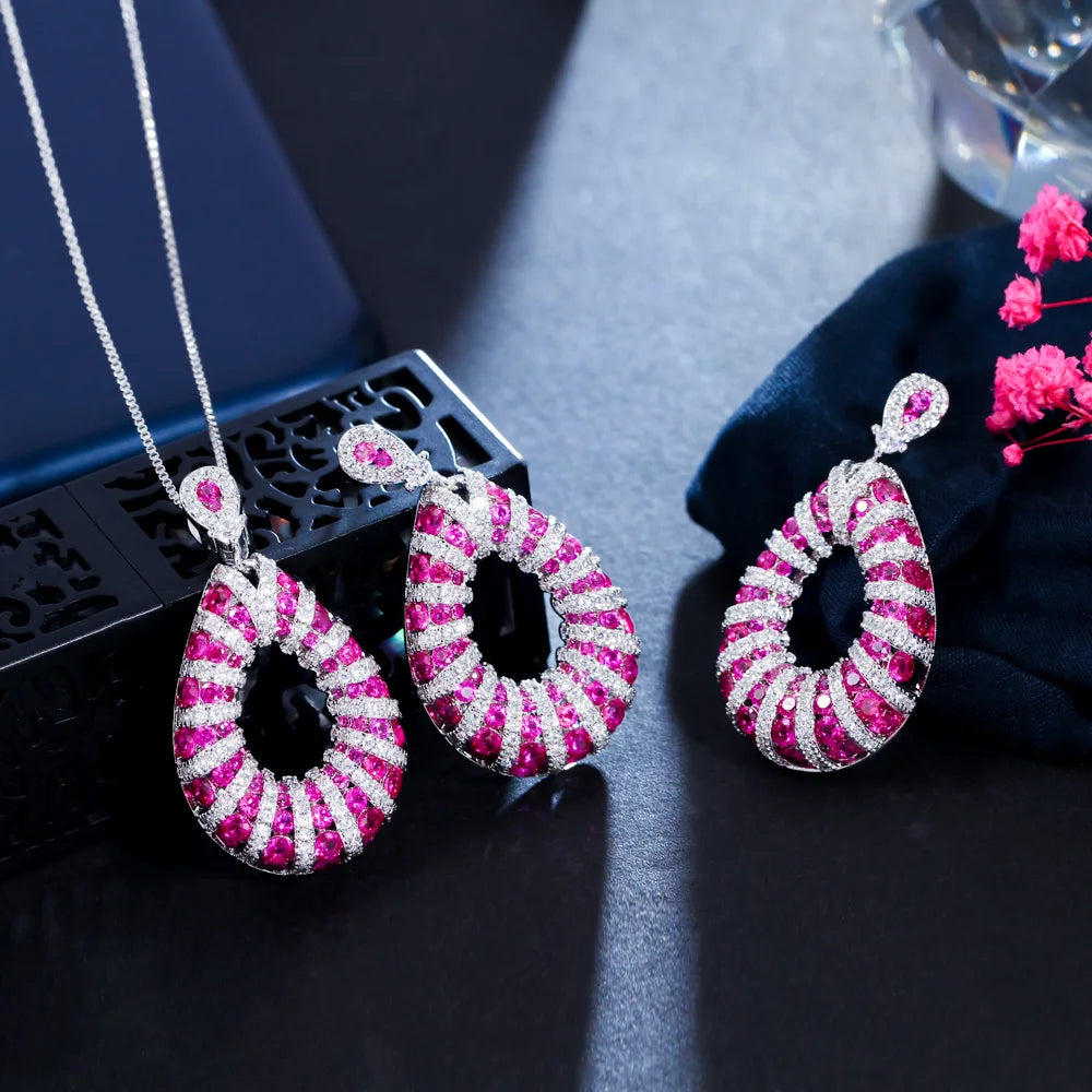 Micro Pave Excellent Fuchsia Red Cubic Zirconia Dangle Pendant Necklace Tear Drop Earring Jewelry Set for Women Festive Prom Jovera Joyce