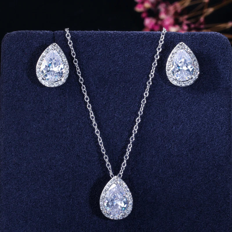 Tear Drop Design Simple Fashion Sparking Pear Cut Cubic Zircon Pendant Necklace and Earrings Jewelry Sets for Women Girl Gifts Jovera Joyce