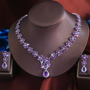 Charming Rhodium Plated CZ Jewelry Set Purple Flower Water Drop Necklace Earrings Jewelry Set for Women Brides Wedding Costume Jovera Joyce