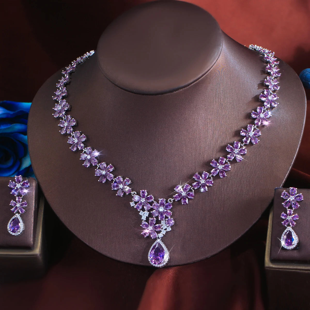 Charming Rhodium Plated CZ Jewelry Set Purple Flower Water Drop Necklace Earrings Jewelry Set for Women Brides Wedding Costume Jovera Joyce