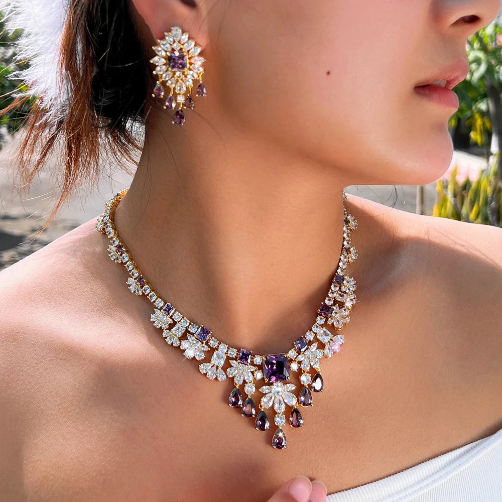Luxury Purple and White Cubic Zirconia  Big Necklace Earrings Italian Dubai 18k Gold Plated Bridal Jewelry Set for Women Wedding Jovera Joyce