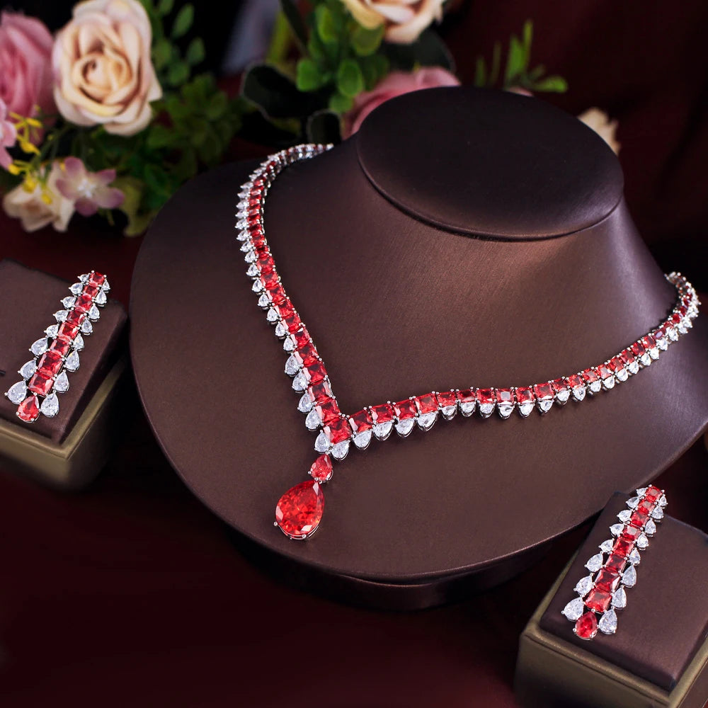 Luxury White Red Water Drop Zirconia Long Dangle Earrings and Necklace Bridal Wedding Party Jewelry Set for Women Jovera Joyce