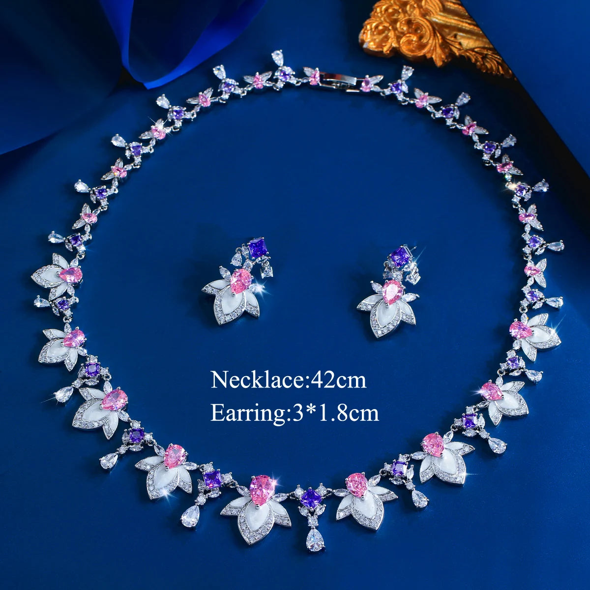 Rhodium Plated Purple Pink Drop Necklace Earrings CZ Long Leaf Enamel Necklace Earrings for Women Fiancee Engagement Jewelry Set Jovera Joyce