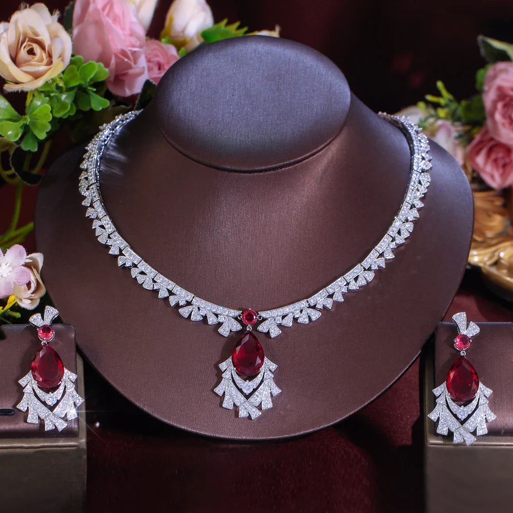 Gorgeous Cubic Zirconia Red Necklace and  Earrings Bridal Banquet Jewelry Set for Women Party Engagement Luxury Jewelry Jovera Joyce