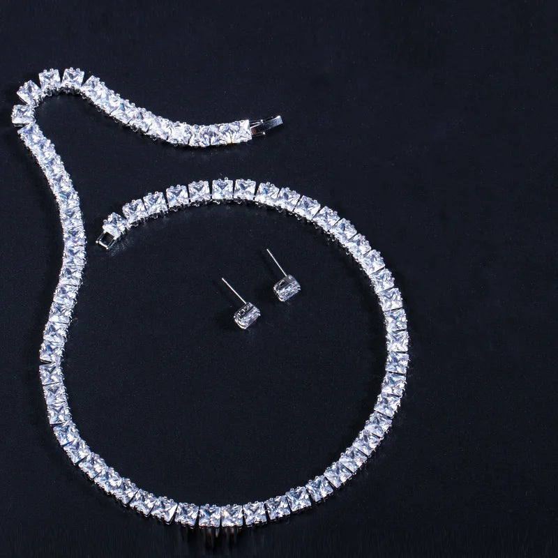 Super Shiny Square Cubic Zirconia Chain Link Tennis Necklace and Stud Earrings Jewelry Set for Women Man Party Jovera Joyce