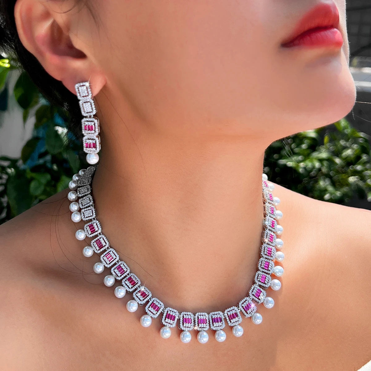 Women Glamorous Necklace and Earrings Red Cubic Zirconia Bridal Pearl Jewelry Set for Anniversaries Engagement Wedding Jewellery Jovera Joyce
