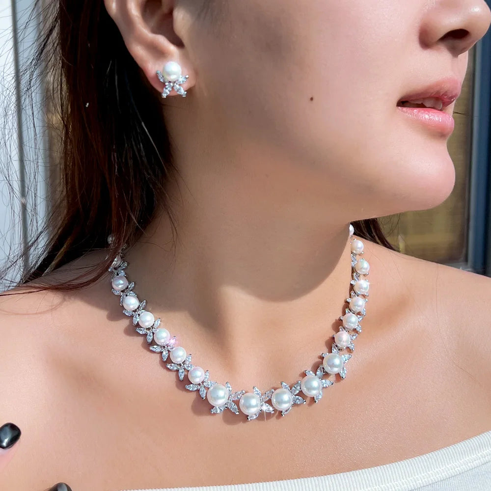 Dazzling Cubic Zirconia Stone Necklace and Earrings Big Imitation Pearl Jewelry Set for Women Wedding Bridal Dress Accessories Jovera Joyce