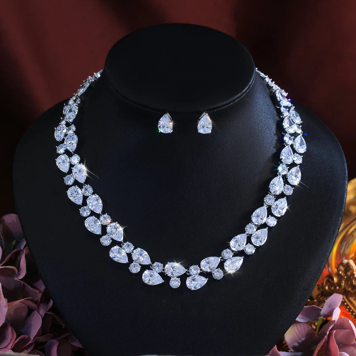 Stunning Rhodium Plated Round Tennis CZ Jewelry Set Cubic Zircon Drop Dangle Necklace Earrings Jewelry Set for Women Engagement Jovera Joyce