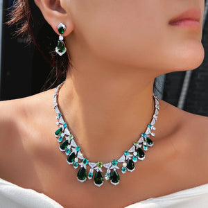 Trendy CZ Jewelry Set Light Blue Round Green Drop Zirconia Tennis Necklace Earrings Jewelry Set for Women Lady Valentine's Gift Jovera Joyce