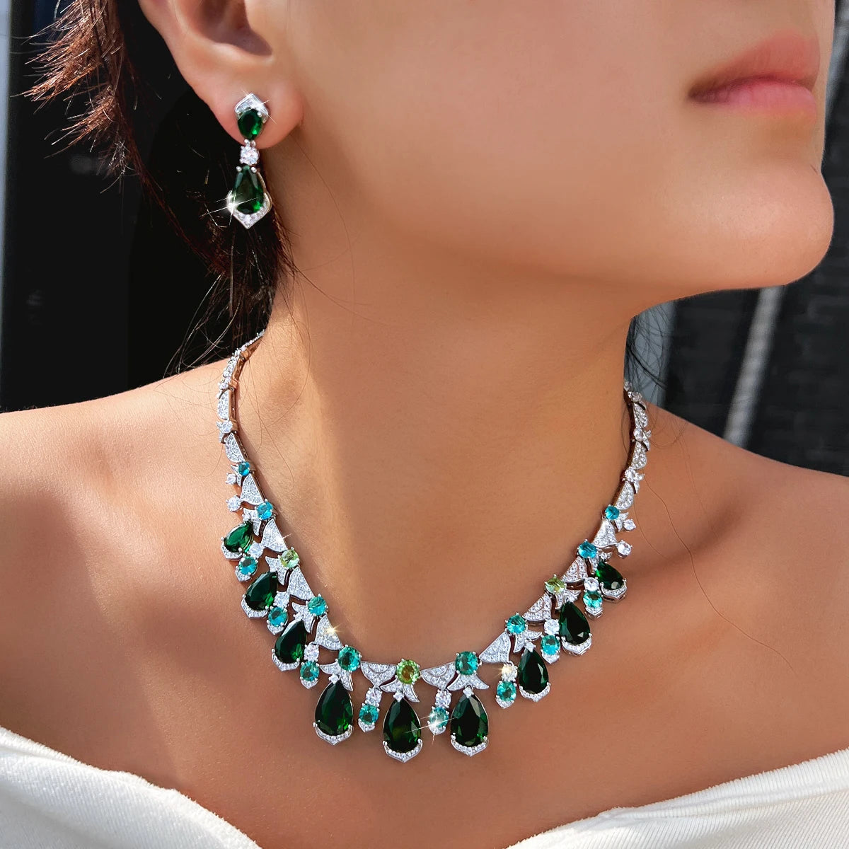 Trendy CZ Jewelry Set Light Blue Round Green Drop Zirconia Tennis Necklace Earrings Jewelry Set for Women Lady Valentine's Gift Jovera Joyce