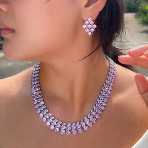 Super Luxurious Round Cubic Zirconia Necklace and Earrings Engagement Wedding Romantic Pink Chunky Big Jewelry Set for Women Jovera Joyce