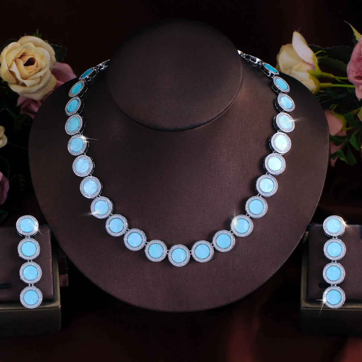 Luxury Acrylic Blue Color Jewelry Set Zirconia Round Dangle Earrings Necklace Set for Women Evening Party Statement Jewelry Jovera Joyce