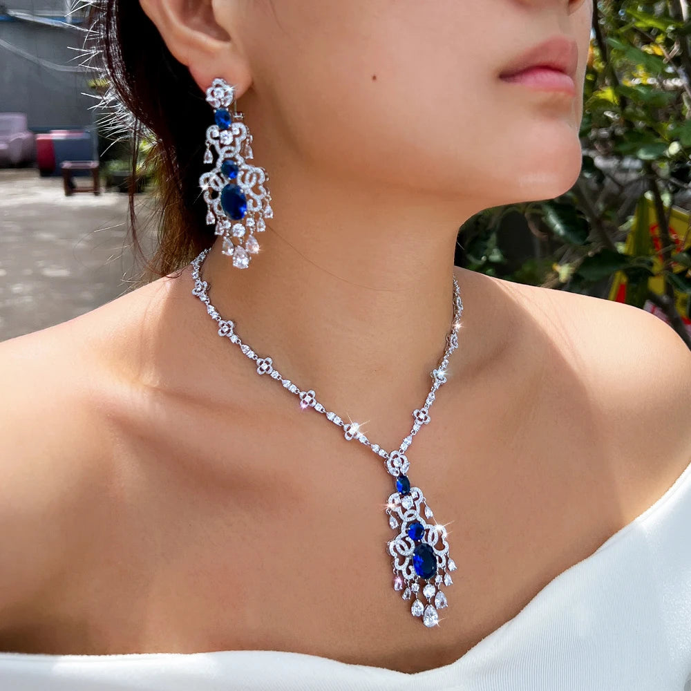 Top Quality Royal Blue Cubic Zirconia African Long Big Statement Necklace Earrings 2Pcs Sets for Women Evening Party Jewelry Jovera Joyce