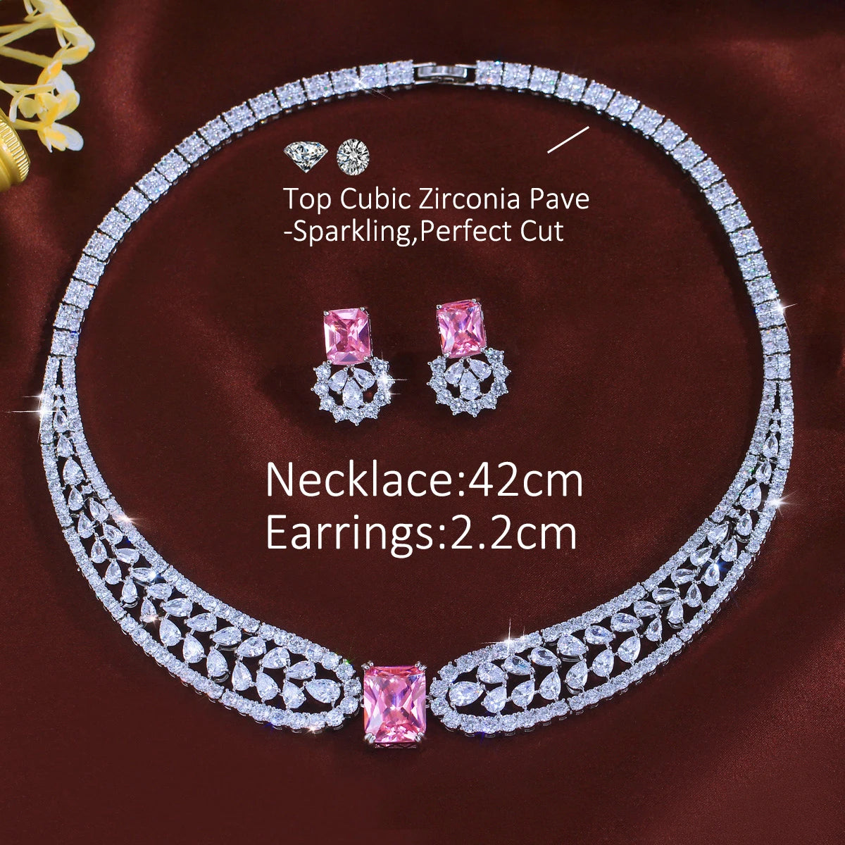 Charming Cubic Zirconia Jewelry Set Water Drop Necklace Pink Square Earrings Rhodium Plated CZ Jewelry Set for Brides Wedding Jovera Joyce