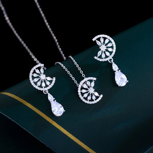 Dainty Blue Water Drop Cubic Zirconia Engagement Half Round Pendant Necklace and Earrings Fashion Jewelry Set for Women Jovera Joyce