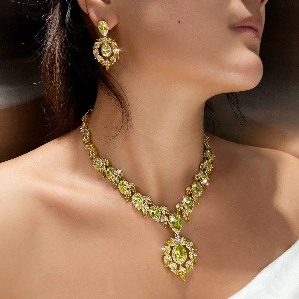 Glamorous Super Luxury Gold Plated Olive Yellow Cubic Zirconia Jewelry Set for Women Engagement Wedding Banquet Party Jovera Joyce